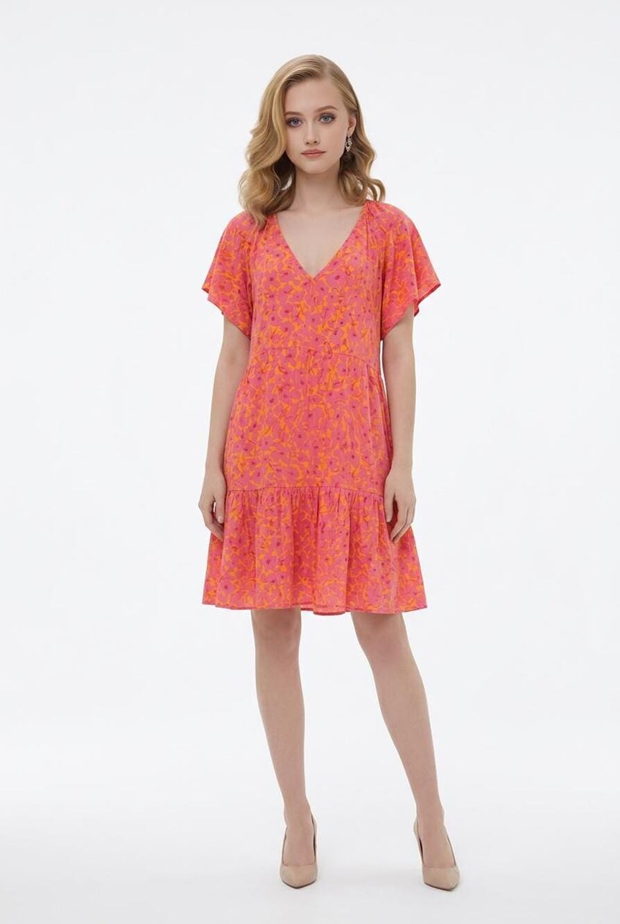Pink Orange Floral Linen Flatter Short Smocked Dress L, Sexy Feminine Y2K